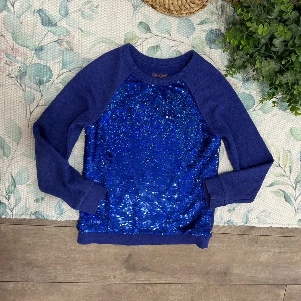 Cat & Jack Blue/Silver Sequin Girls Kids Sweatshirt Size Medium 7/8